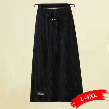 

Plus Size Drawstring Letters Embroidery Knitting A-line Skirts 4XL Autumn Winter Elastic Waist Soft Warm Black Knit Maxi Skirt