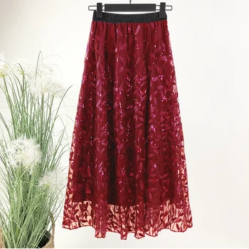 

Women Long Skirt Branches Embroidered Sequin Red Mesh Skirt Girls Ladies Skirts Faldas Mujer Moda 2020 Nancylim