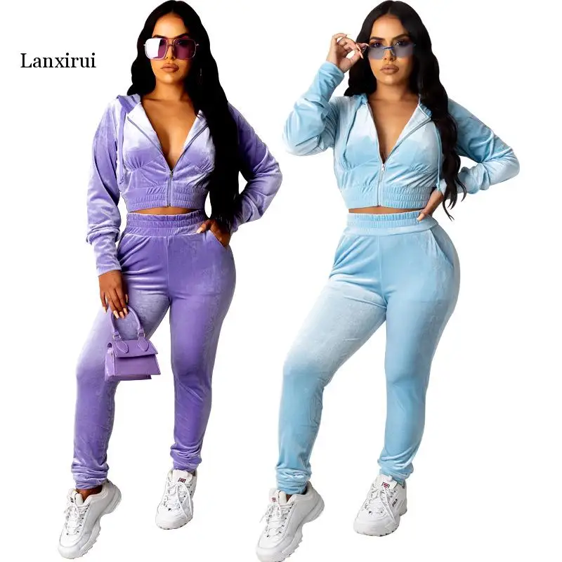 

Velvet Tracksuit Women Two Piece Set Autumn Clothes Hoodie Long Sleeve Crop Top and Pants Female Velor Outfits Conjunto Feminino