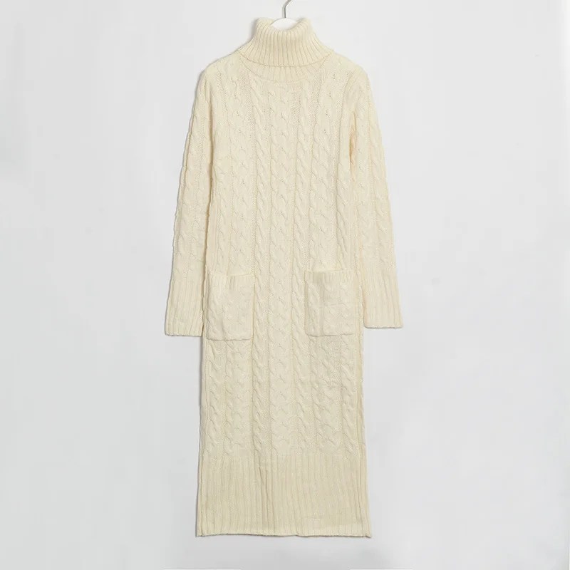Wixra Knitted Dress Autumn Winter Solid Turtleneck Mid-Calf Pockets Sweater Dresses Women's Clothing - Цвет: Beige