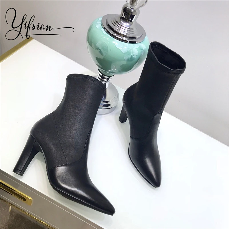 

OLOME New Fashion Black Runway Genuine Leather Slip On Women Boots Pointed Toe Thin High Heel Ladies Ankle Boots Shoes Woman