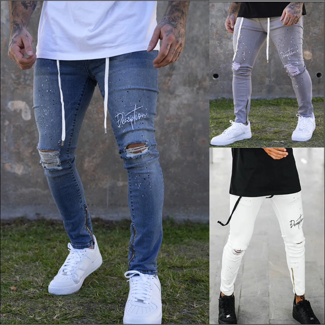 LASPERAL Fashion Streetwear Men's Slim Fit Denim Pants Ripped Pants Men's Painted Jeans Skinny Jeans Drawstring Jeans LASPERAL Fashion Streetwear Men's Slim Fit Denim Pants Ripped Pants Men's Painted Jeans Skinny Jeans Drawstring Jeans