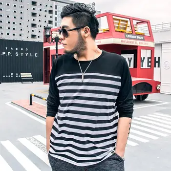 

GXXH Men's Plus Size T Shirt Spring Autumn Long Sleeve Striped Patckwork Men Clothing Casual Oversized Top Tee Shirt Black White