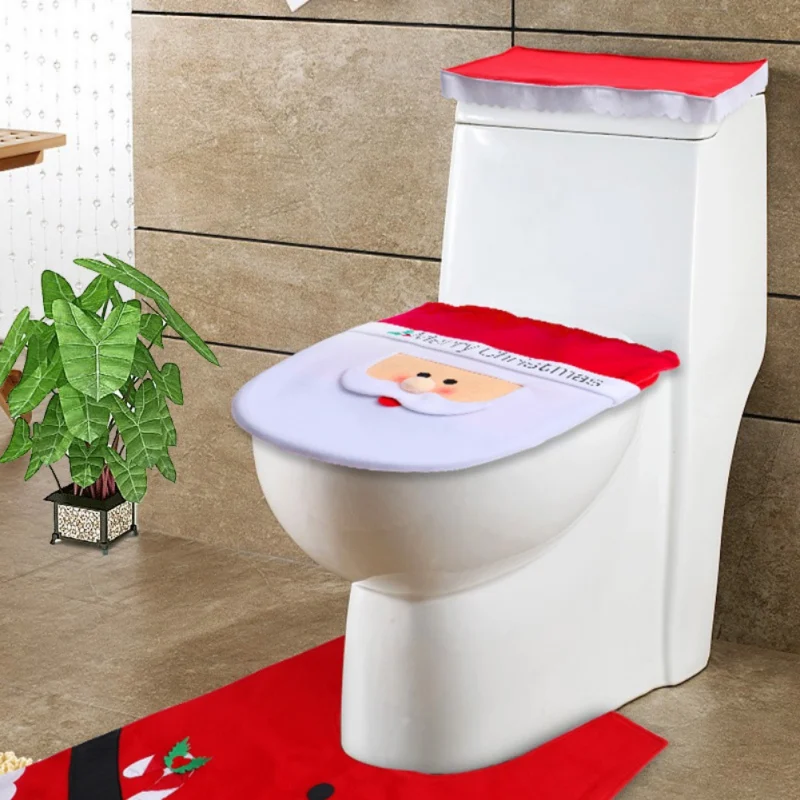 3Pcs/Set Merry Christmas Santa Claus Toilet Seat Cover Tank Cover And Area Rug Set Christmas Toilet Decoration Bathroom Supplies