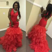 Новинка, красное платье русалки для выпускного вечера, v-образный вырез, открытая спина, ярусная юбка, без рукавов, Длинные вечерние Вечерние платья на заказ, большие размеры