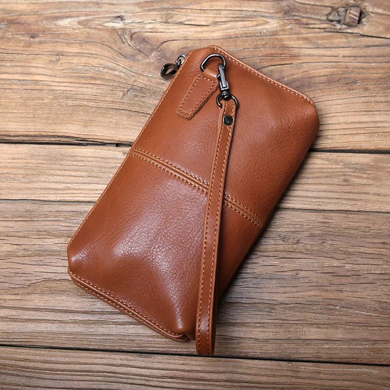 NZPJ Men's Leather Long Wallet First Layer Cowhide Zipper Clutch Bag Retro Bank Card Case Soft Leather Phone Case Coin Case