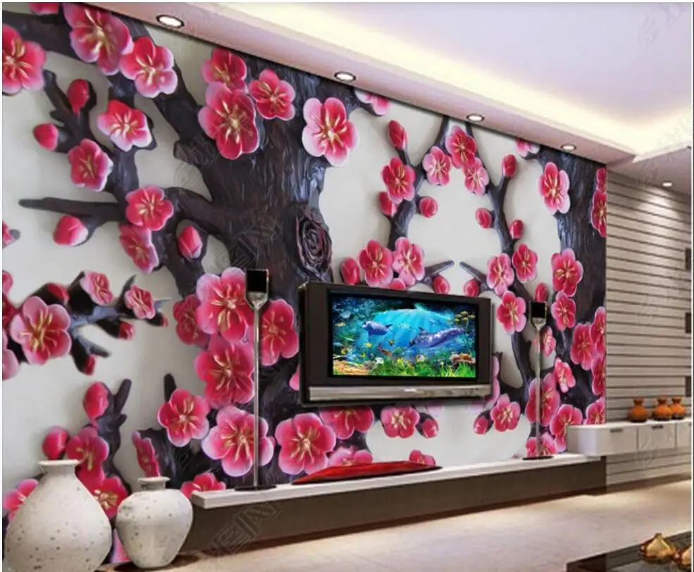 

Custom mural 3d photo wallpaper Embossed red plum blossom flower home decor living room 3d wall murals wallpaper for walls 3 d