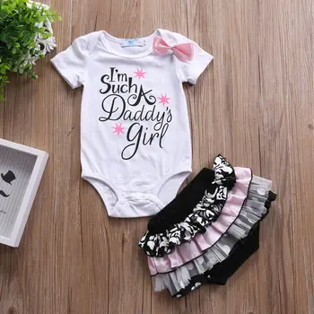 

2PCS Newborn Infant Outfits Clothing Set Baby Girls Print Letter I'm Such A Daddy's Girl Short Sleeve Bodysuits+Lace Shorts