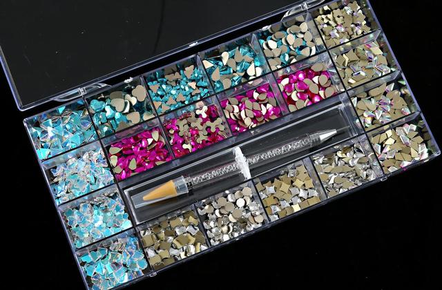 Multi Nail Rhinestones Kit Flatback 240pcs Alloy Charms (Neon,Pink,AB,Blue) Glass Jewelry Nail Art Crystal Box 2022