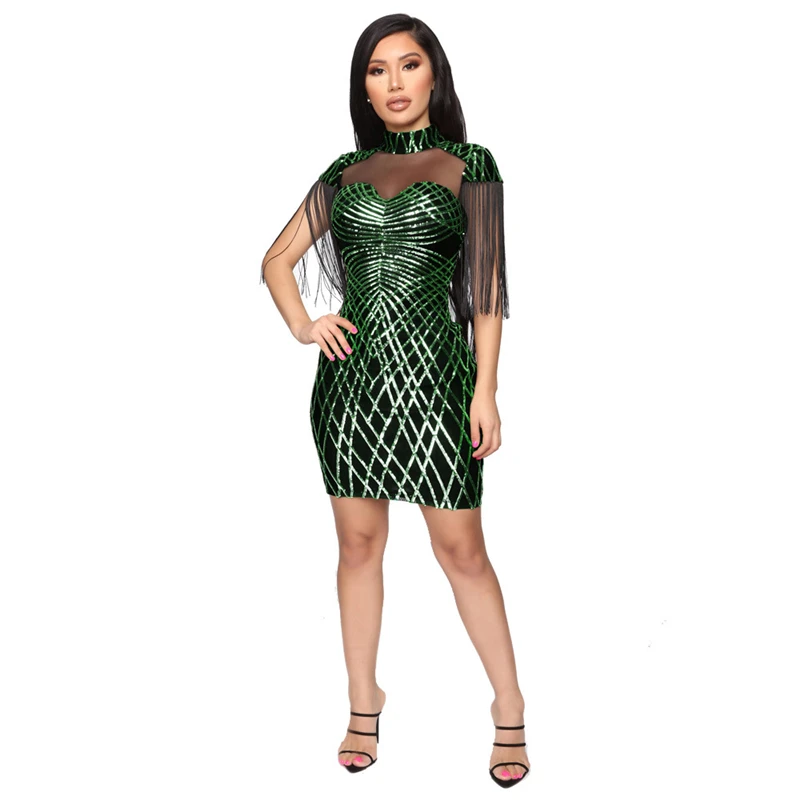 Adogirl Christmas Tassel Sequins Party Dress Turtleneck Sheer Mesh Patchwork Bodycon Mini Night Club Female Vestidos | Женская одежда