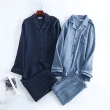 

Spring and Autumn New Men's Pajamas Long-sleeved Trousers 100% Cotton Crepe Buttoned Plus Size Home Suit Set Sleepwear Mens