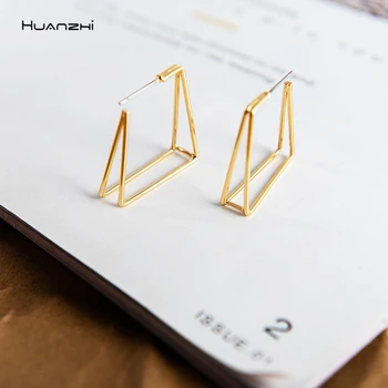 

HUANZHI 2020 New Metal Geometric Irregular line Stud Earrings Double layer Hollow Out Punk For Women Girls Party Jewelry Gifts