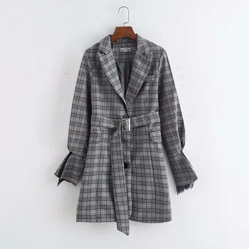 

[EWQ] 2020 Spring Autumn New Pattern V-collar Long Sleeve Plaid Patchwork Adjustable Waist Vintage Dress Women AH69902L