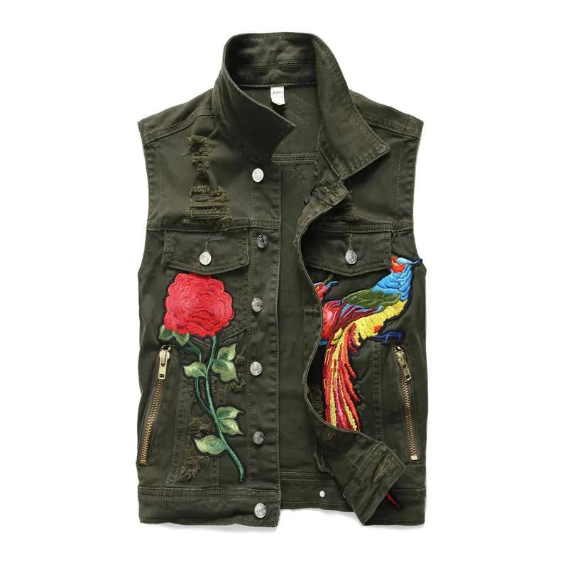 High Quality Men's Denim Vest Eagle Embroidery Skinny Single Breasted Ripped Jeans Waistcoat Singer Dancer Nightclub | Мужская