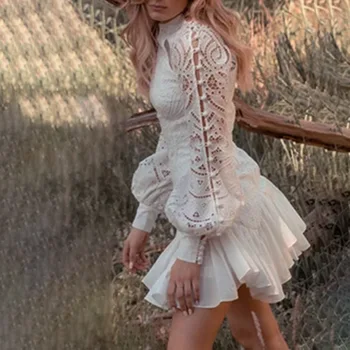 

High Quality White Sexy Dress Puff Sleeve Fashion Hollow Out Beading Elegant Party Dress Mini Celebrity Lady Desses Lace