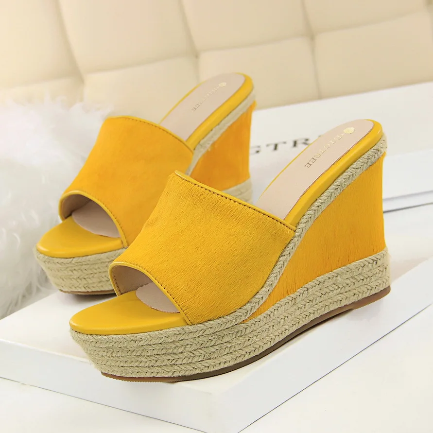 

818-9 Korean-style Pastoral Style High-Heel Slanted Heel Thick Bottomed Hemp Rope Weaving A- line with Simple WOMEN'S Slippers P