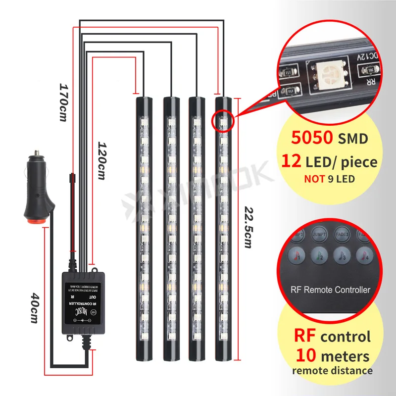  4PCS Car LED Strips Decorative Lamps Flexible RGB Phone APP RF Remote Controller LED Interior Light - 33001479135
