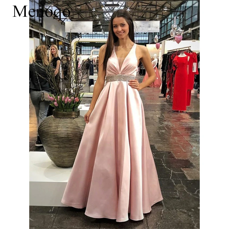 

Menoqo 2019 Beautiful Pink Reflective A-Line Prom Dresses Long Beaded Sash Corset Back Floor Length Graduation Gown P21AU1