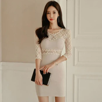 

S-XL Plus Size Lace Patchwork Solid Evening Party Dresses Women Three Quarter Sheath Mini Dress Club Wear Ladies Winter Dress