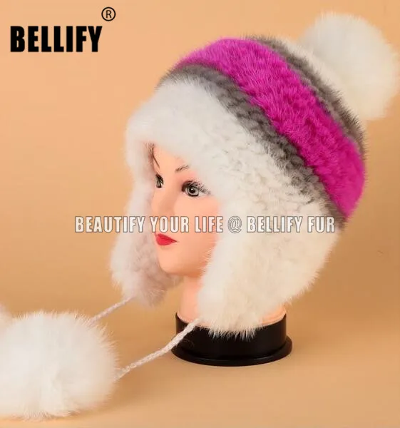 Luxury Designer Natural Mink Fur Hats Beanie Elegant Candy Color