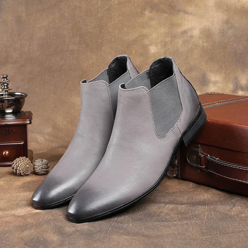 Zapatos exterior para hombre, de piel auténtica Botines Chelsea, color negro/gris, a la moda|Botas básicas| - AliExpress