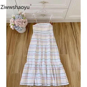 

Ziwwshaoyu 2020 New Summer Stripe Embroidery White Cotton Bohemian Holiday Spaghetti Strap Long Dresses Women's