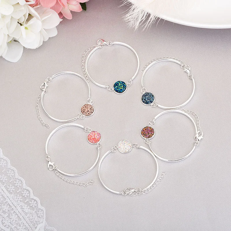 

Lady Circular Crystal Quartz Druzy Bracelet & Bangle Silver Color Metal Adjustable Bracelet Fashion Jewelry Gift for Women