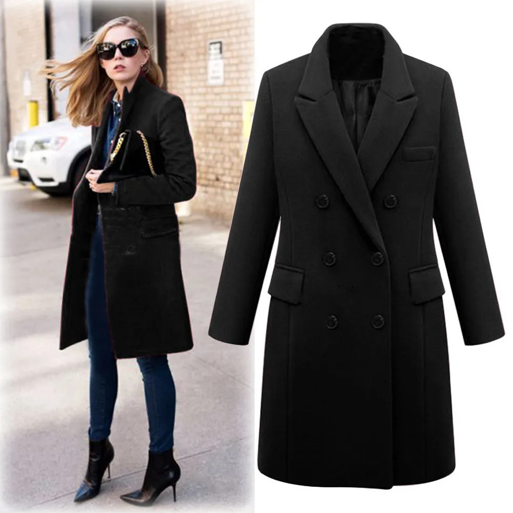 Winter Women Lapel Woollen Blends Coat Solid Trench Jacket Oversize Long Overcoat Turn-Down Collar Outwear Jacket Plus Size Coat - Цвет: Черный