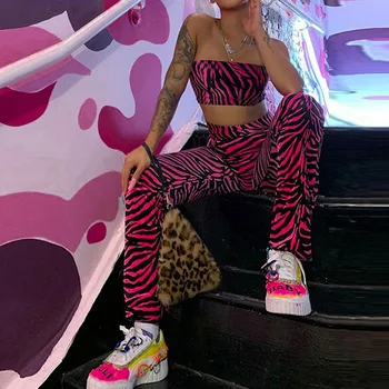 

Women Zebra Pattern Two Piece Set Tracksuits off Shoulder Crop Tops Stacked Flare Jogger Pants Suit Outfits Matching Set 2020