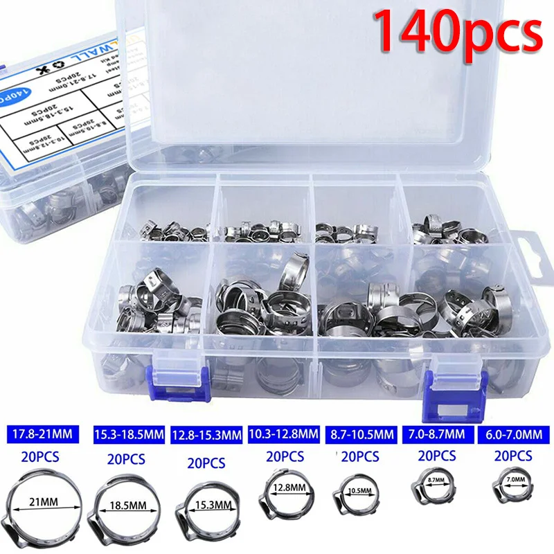 

Brand New 140Pcs/Set Stainless Steel Single Ear Hose Clamp Clip Assorted 140pcs Kit US Standard For Car Parts