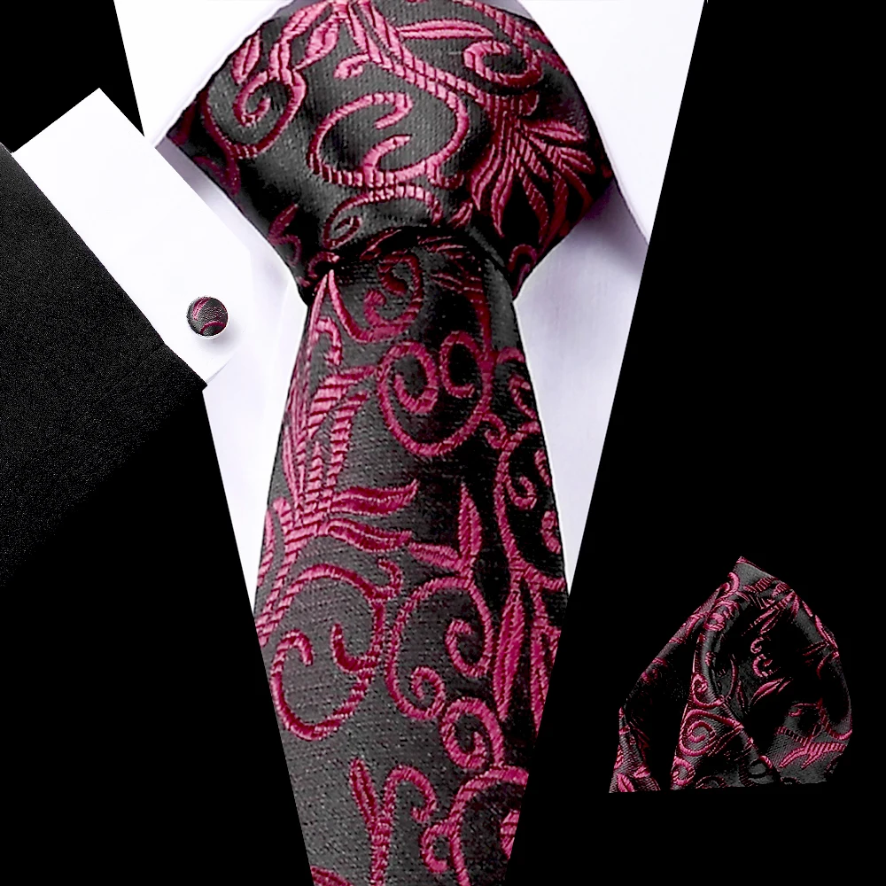 

Luxury Black Red Print Mens 7.5cm Tie 100% Silk Jacquard Woven Extra long Tie Hanky Cufflink Set For Men Formal Wedding Party
