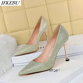 

Wedding Pump Women 2020 High Heels Shoes Fashion Slip on Glitter Bling Sandals Pointed Toe Heel Slide Luxury Zapatos De Mujer