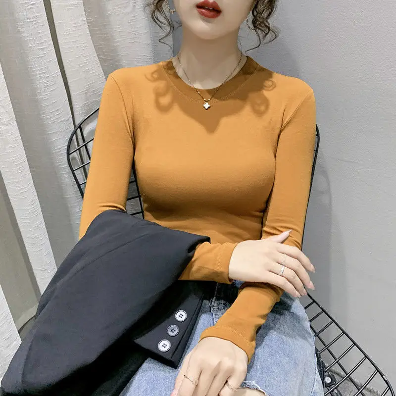 Women Long Sleeve Sexy T-Shirt 2021 Autumn Sexy U Neck Solid Rib Knit Basic Tee Tops Slim Fashion Korean Female Pullover T-shirt chrome hearts t shirt