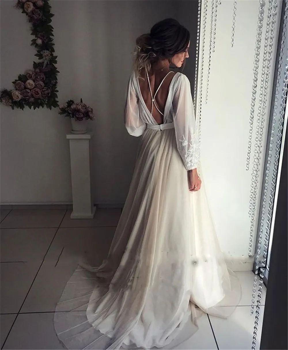 cheap wedding dresses Tulle Boho Wedding Dress Puffy Long Sleeves Vintage Ivory Lace Applique Scoop Neck Champagne Skirt Garden Bride Gown Customized winter wedding dresses