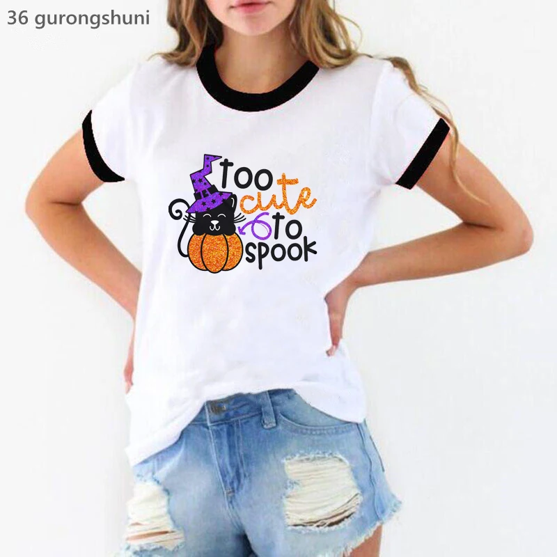 

Too Cute To Spook Pumpkin Graphic Print T-Shirt Women Halloween Gift Black Cat Tshirt Femme Harajuku Kawaii Clothes T Shirt