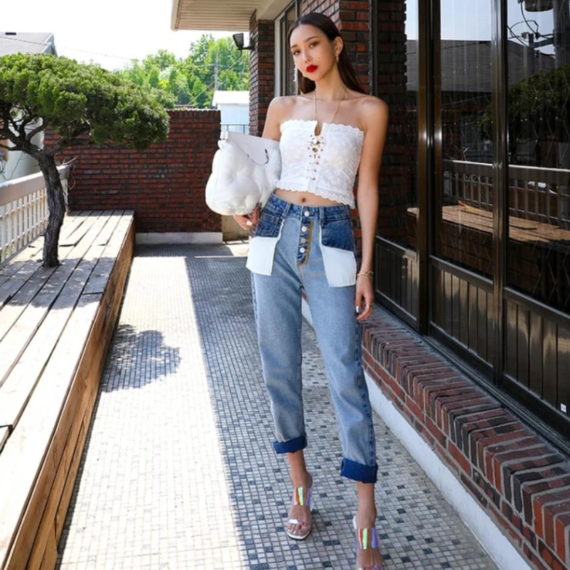 Najtaniej Vintage myte na zewnątrz wysokiej talii damskie dżinsy typu boyfriend guziki kostki proste dżinsy marka projektant spodnie dżinsowe dżinsy