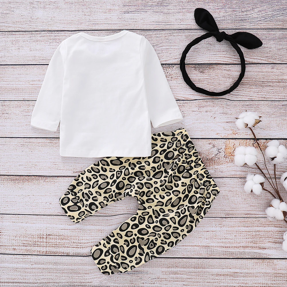 Новорожденный ребенок Комплект для девочек, одежда с буквенным принтом футболка с длинным рукавом Топ+ леопардовые штаны-леггинсы, повязка на голову, костюм
