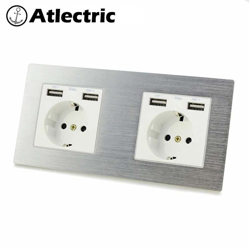 

Atlectric DE EU Plug Wall Socket With LED Indicator USB Port Power Adapter Double Socket Power Electrical Outlet Metal Panel