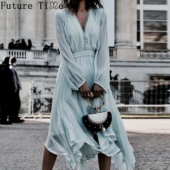 

Future Time 2019 New Autumn V-Neck Long Sleeve Solid Black Chiffon Lace Irregularity Loose Big Size Dress Women Fashion N1891