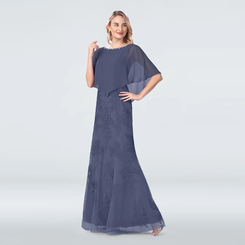

Latest Charming Two Pieces Beaded Jewel Neck Sleeveless Mother of the Bride Dresses With Shawl Lace Applique Wedding Party Gowns
