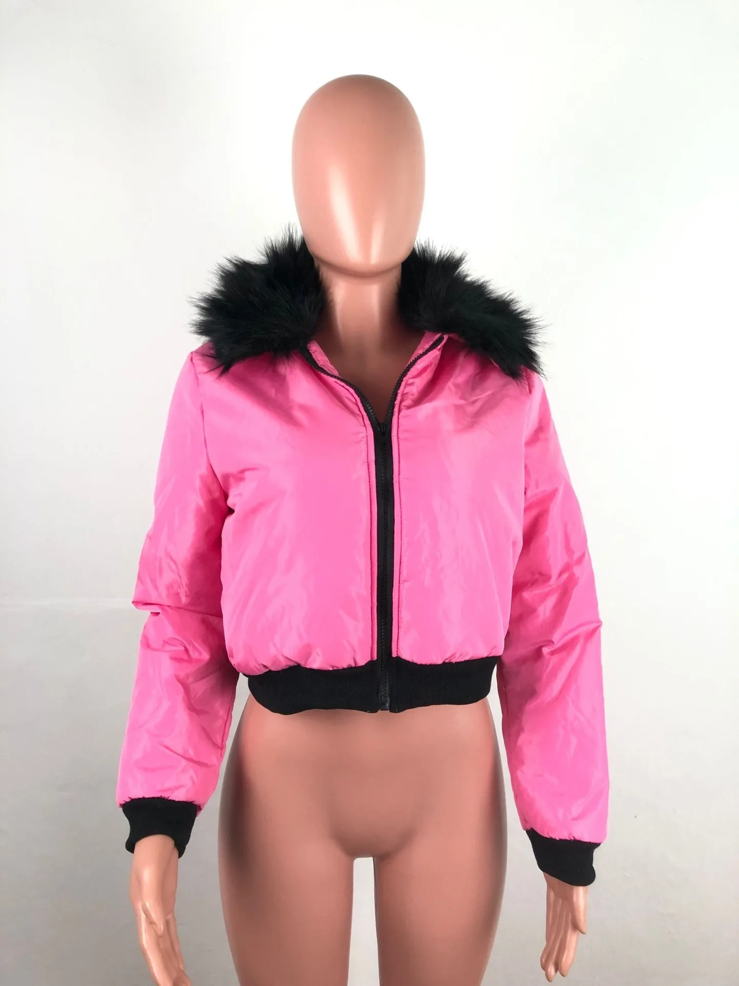 ANJAMANOR Fashion Winter Jacket Women Crop Bubble Coat with Faux Fur Collar Plus Size Puffer Overcoat Windbreaker D30-BZ69