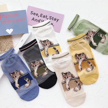 

Cartoon Transparent Socks Boat socks Fashion Girls Kawaii Sock Thin Cat Short Socks Women Socks cute Soft Ankle Socks
