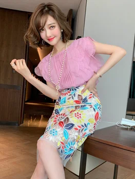 

Trendy Lady Petal Top with Sling + Embroidery Flower Slim Hip Skirt Suit Female Fashion Summer New Style