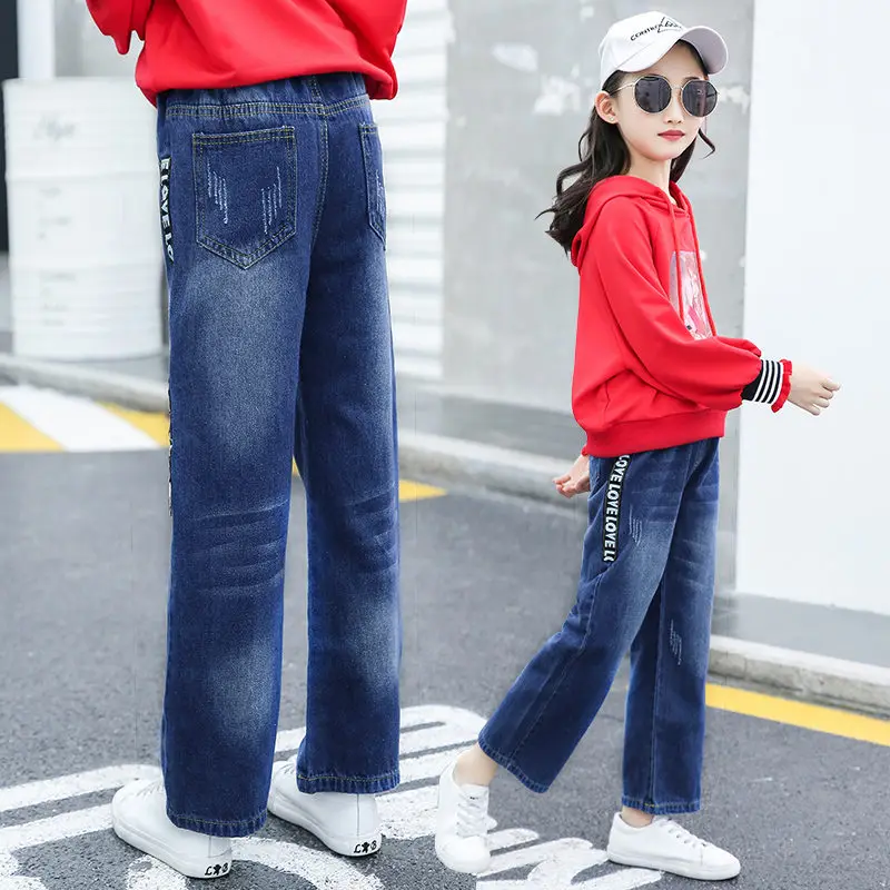 

Kids Jeans Spring Autumn Children 4-13Y Girls Casual Letter Print Straight Pants Elastic Waist Loose Jeans Dark Blue Long Pants