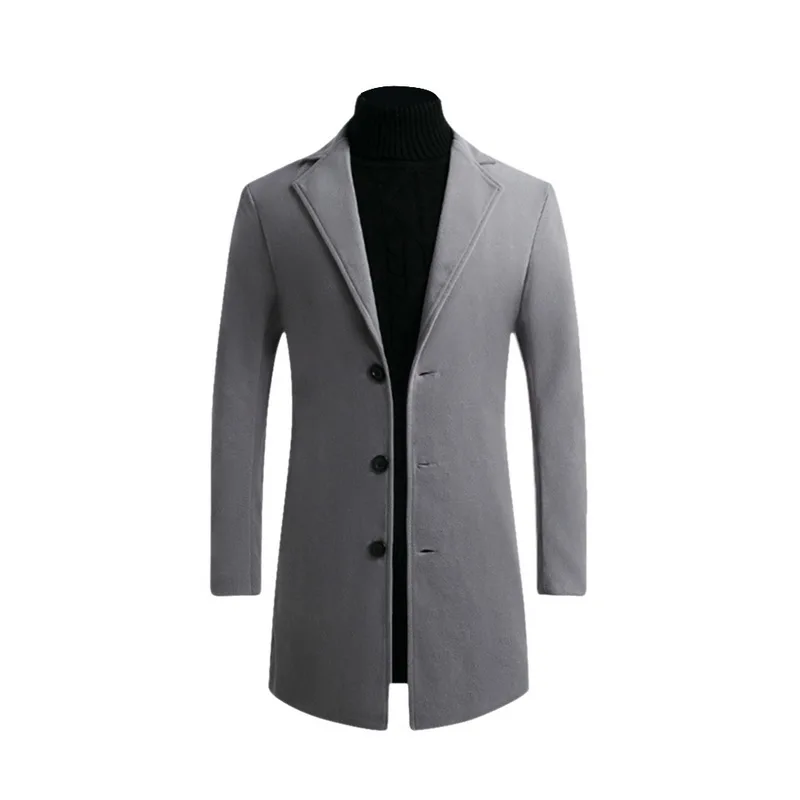 Light Gray B Новое модное мужское шерстяное пальто, зимнее теплое одноцветное длинное пальто, мужской однобортный деловой Повседневный плащ, парка - Цвет: Light Gray B