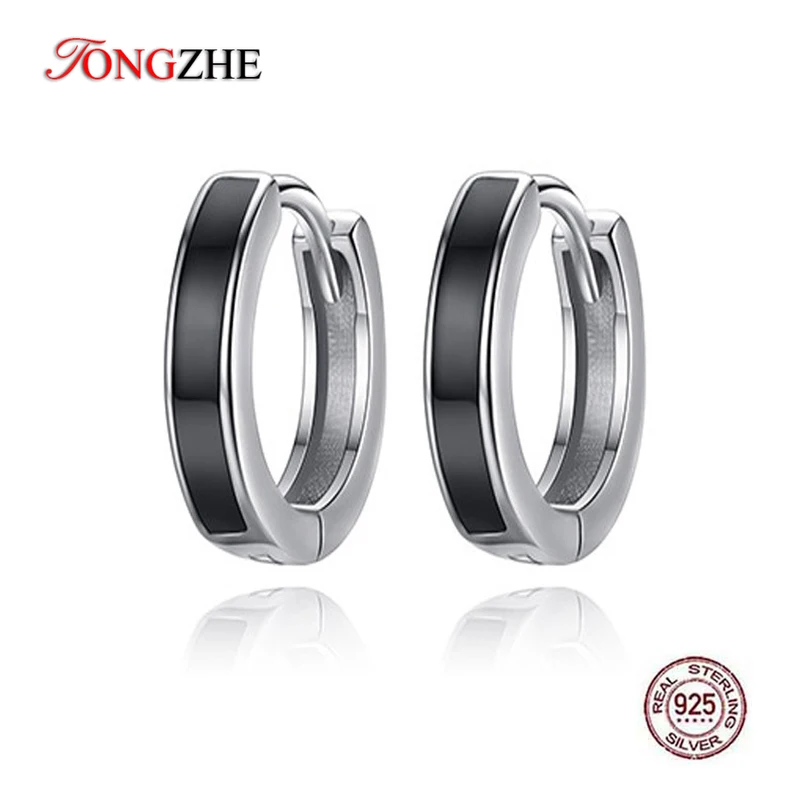 TONGZHE 925 Sterling Silver Small Hoop Earrings CZ Black Round Circle Huggie Energy Earrings Fashion Jewelry Womens Accessories