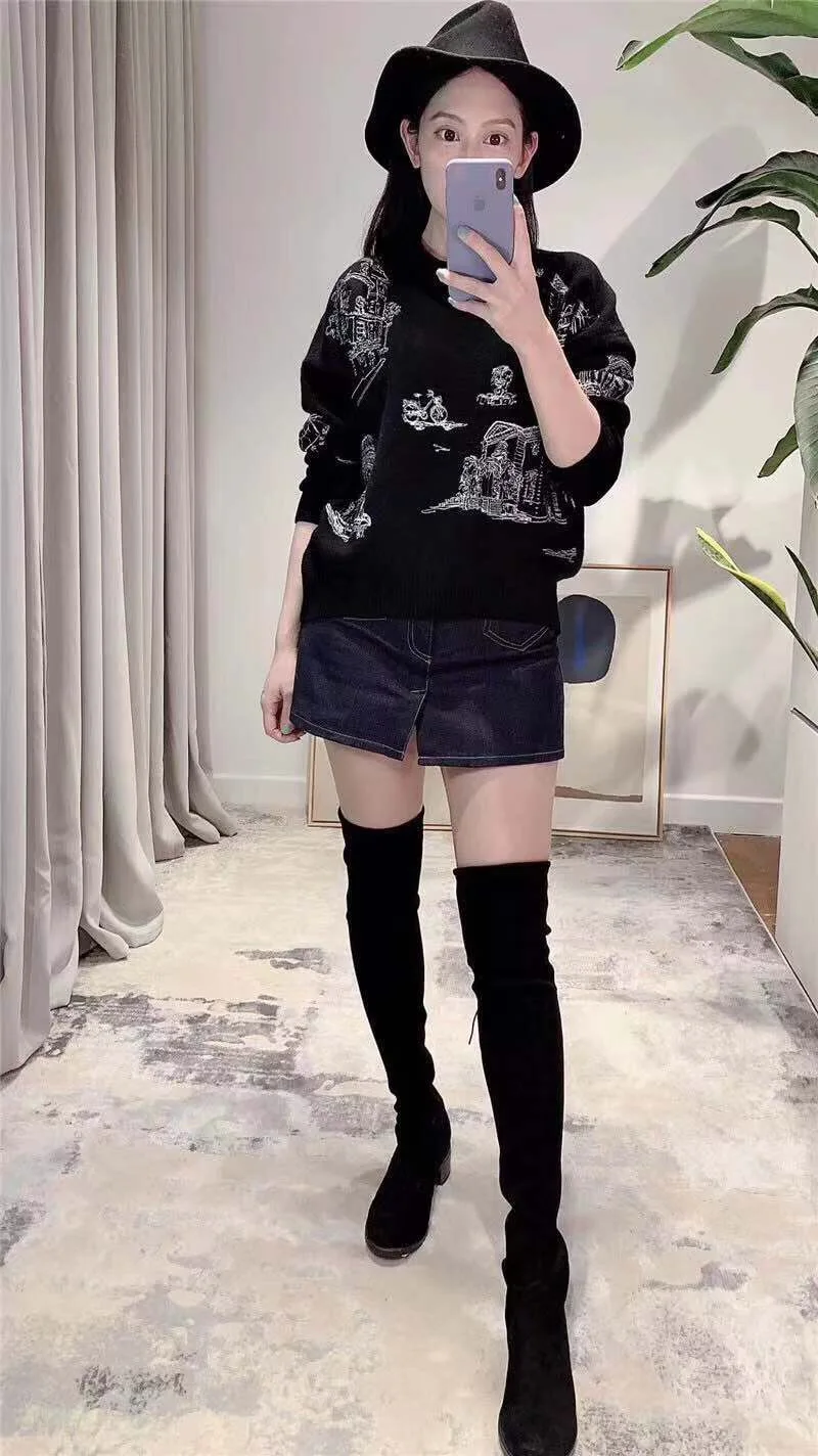 Новое поступление осенняя одежда Женская мода о-образный вырез черный шерстяной свитер Повседневный пуловер с принтом