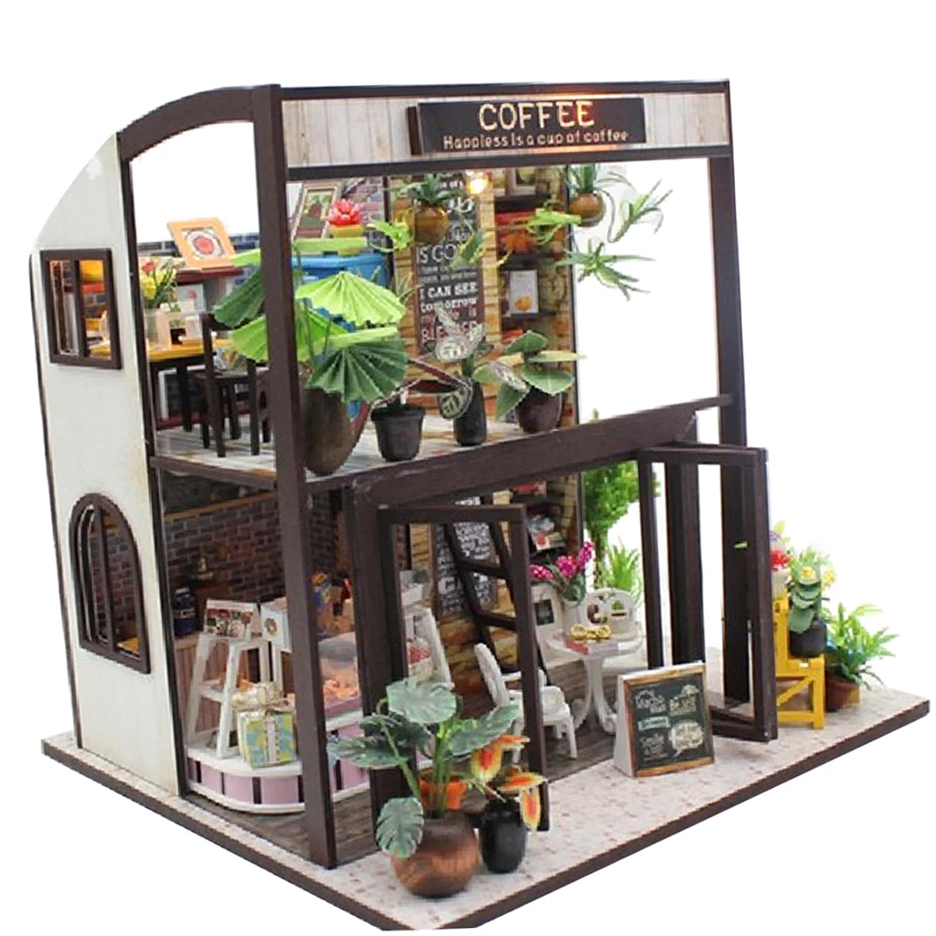 DIY Dollhouse Wooden Time Travel Coffee Shop House with Furniture Kits for Christmas, Birthday Best Gift