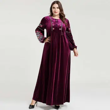 

European Vintage Plus Size Women Pleuche Warm Maxi Dress Tassel Elegant Empire Floral Embroidery Lantern Sleeve Party Dresses