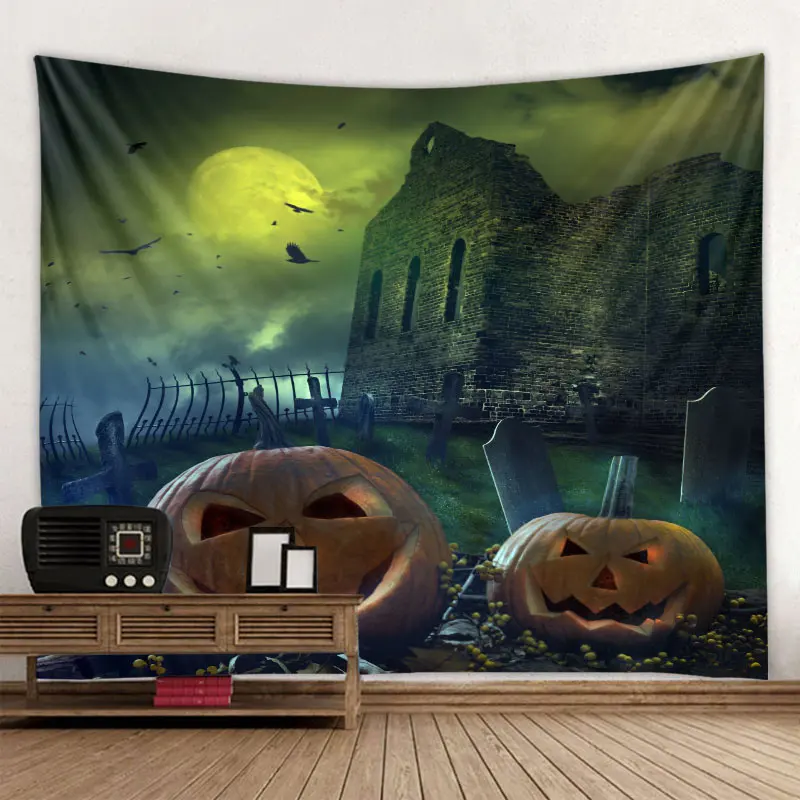 

Halloween background dark castle, crazy zombie polyester print tapestry